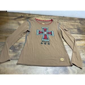 Double D Ranch Shirt Womens Small Brown Cross Embroidered Long Sleeve